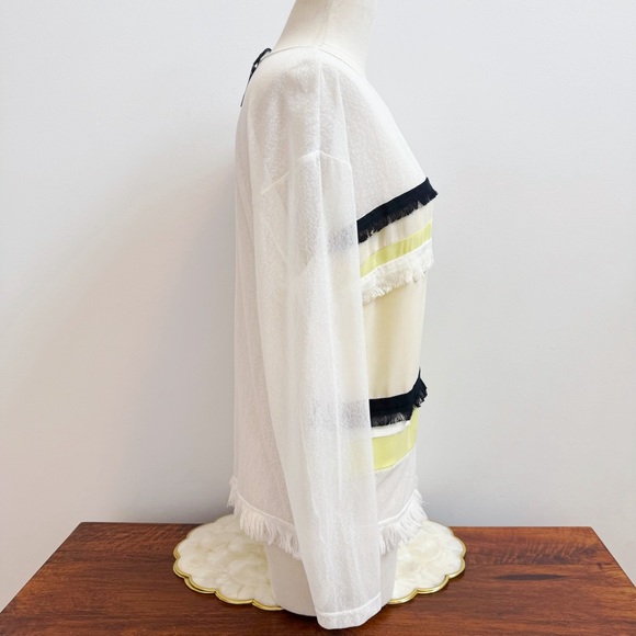 Altamira Milano White Yellow Black Fringe Mesh Long Sleeve Top M/L NEW - Picture 7 of 16